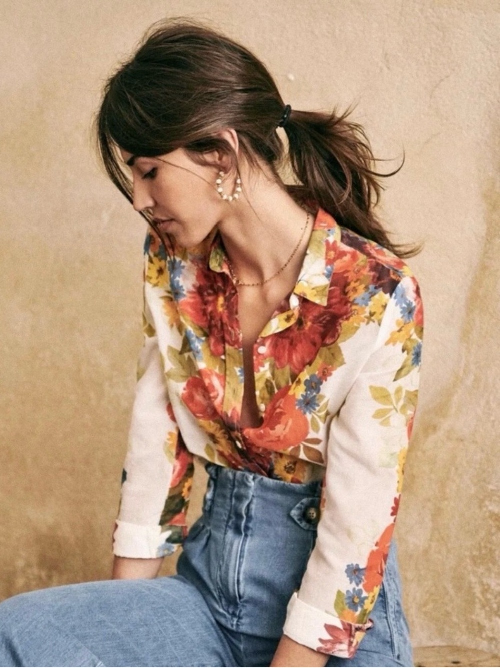 Sezane Button-Down Blouse Cream Multi with Bold Vibrant Floral Print Size 36